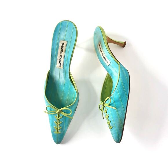 Vintage Manolo Blahnik Bow Lace Up Pinstripe Pointed Toe 39 - Picture 1 of 8